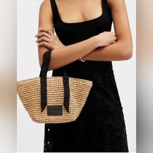 All Saints tote, raffia bag, mini, micro, summer tote, tan, almond